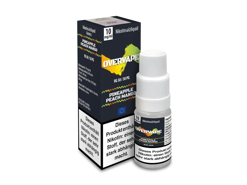 Overvape Pineapple Peach Mango Nikotinsalz-Liquid 10ml – Flasche mit gelbem Etikett neben dunkler Verpackungsbox