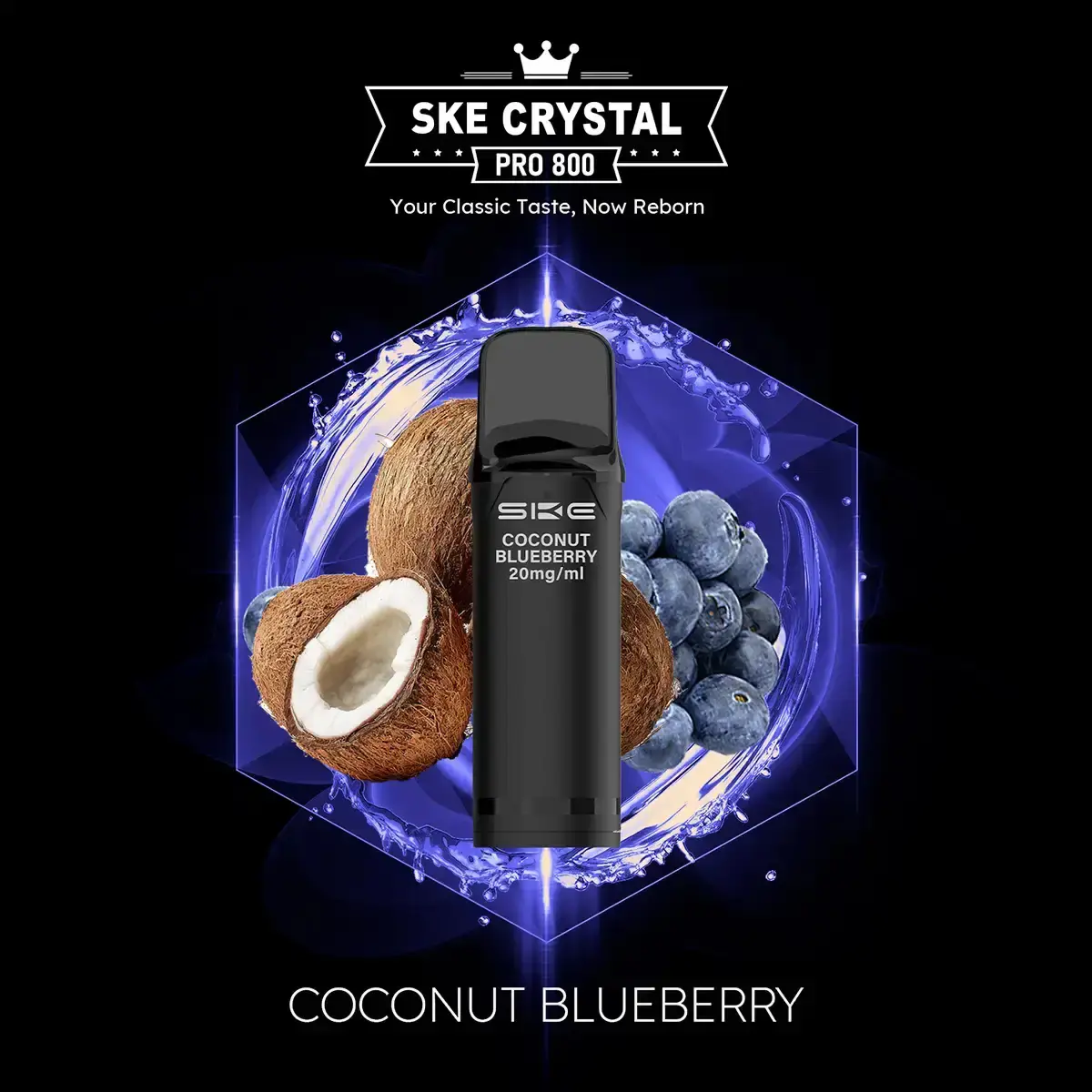 SKE Crystal 800 Pro Prefilled Pod Coconut Blueberry – zwei schwarze Pods vor lila Hintergrund mit Blaubeeren