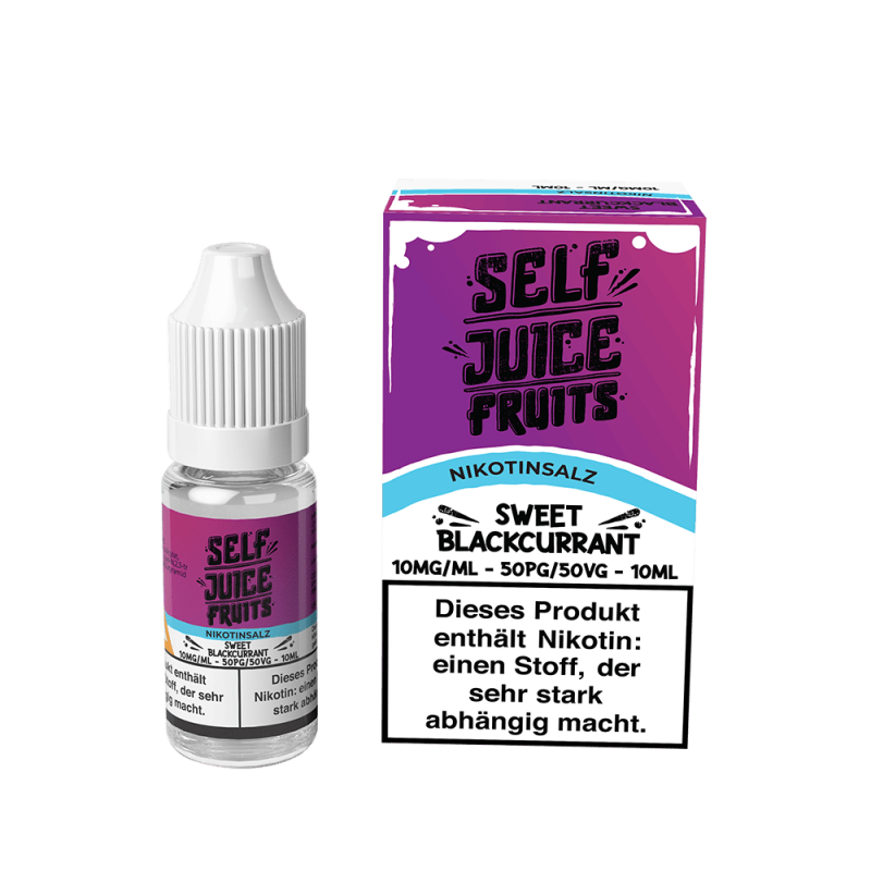 Self Juice Fruits Blackcurrant Ice 10ml Nikotinsalz-Liquid – lila Flasche mit Schachtel, Nikotinsalz-Label