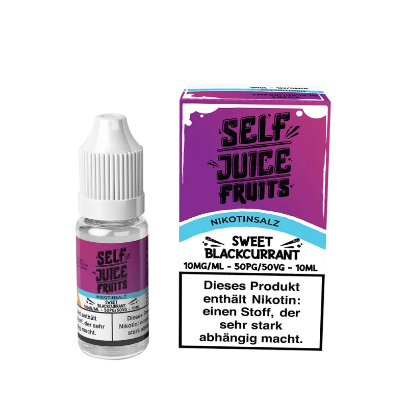 Self Juice Fruits Blackcurrant Ice 10ml Nikotinsalz-Liquid – lila Flasche mit Schachtel, Nikotinsalz-Label