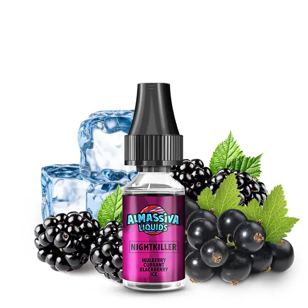 Al Massiva Nightkiller 10ml Nikotinsalz-Liquid Flasche mit Brombeeren und Eiswürfeln auf lila Hintergrund
