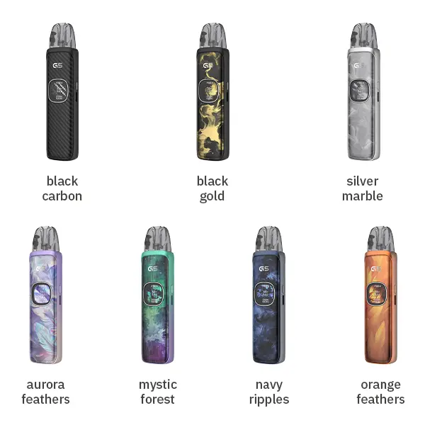 Uwell Caliburn G5 Pod Kit Farbübersicht: Black Carbon, Black Gold, Silver Marble, Aurora Feathers, Mystic Forest, Navy Ripples, Orange
