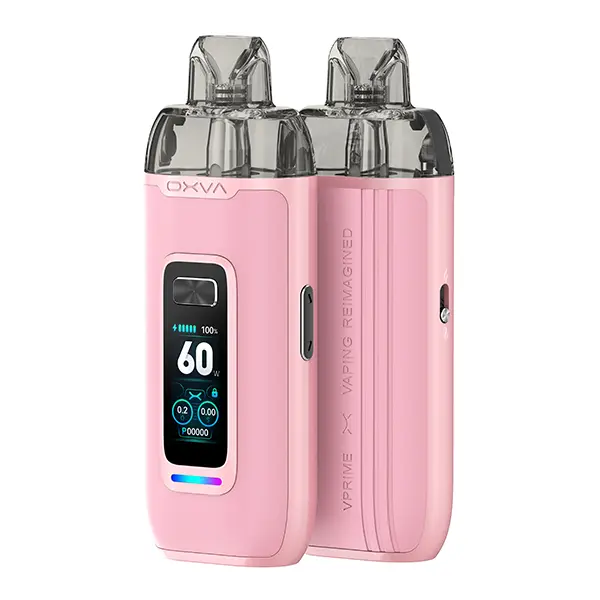 oxva-vprime-pod-kit-15.jpg Oxva VPrime Pod Kit in Rosa, Vorder- und Seitenansicht mit Farbdisplay und transparentem Pod