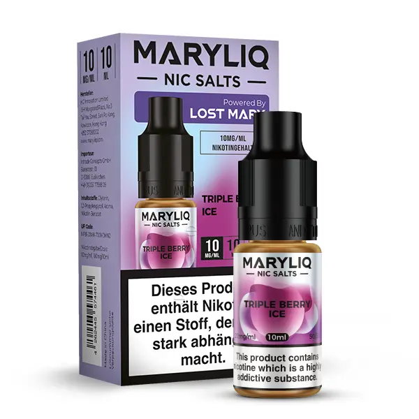 Maryliq Triple Berry Ice 10ml Nic Salts – Flasche und Verpackungskarton nebeneinander