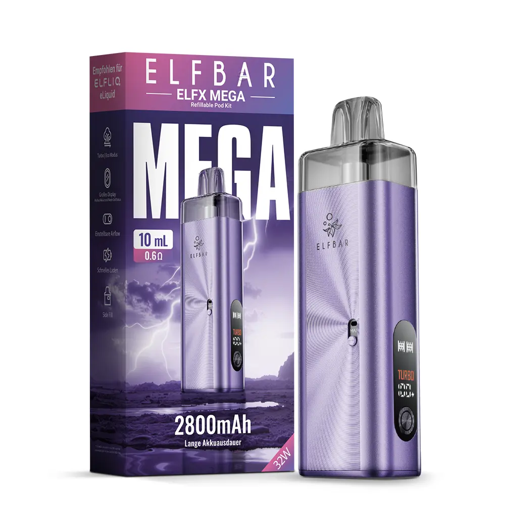 Elfbar ELFX Mega Kit in Violett mit Verpackung, 2800mAh Akkuträger mit Pod