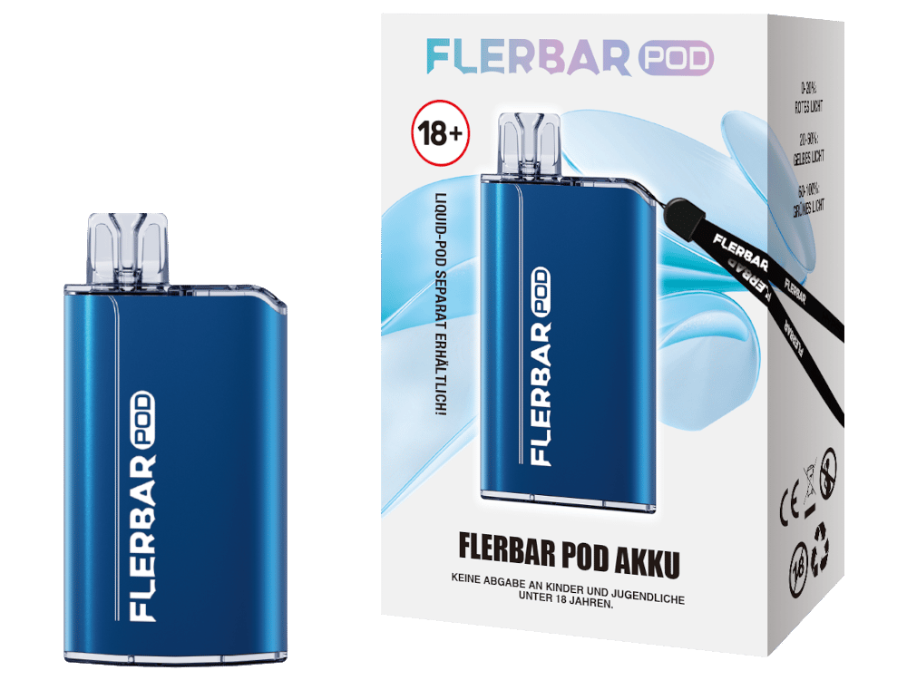 Flerbar Basisgerät in Blau mit passender Verpackungsbox, kompaktes Pod-System mit Lanyard