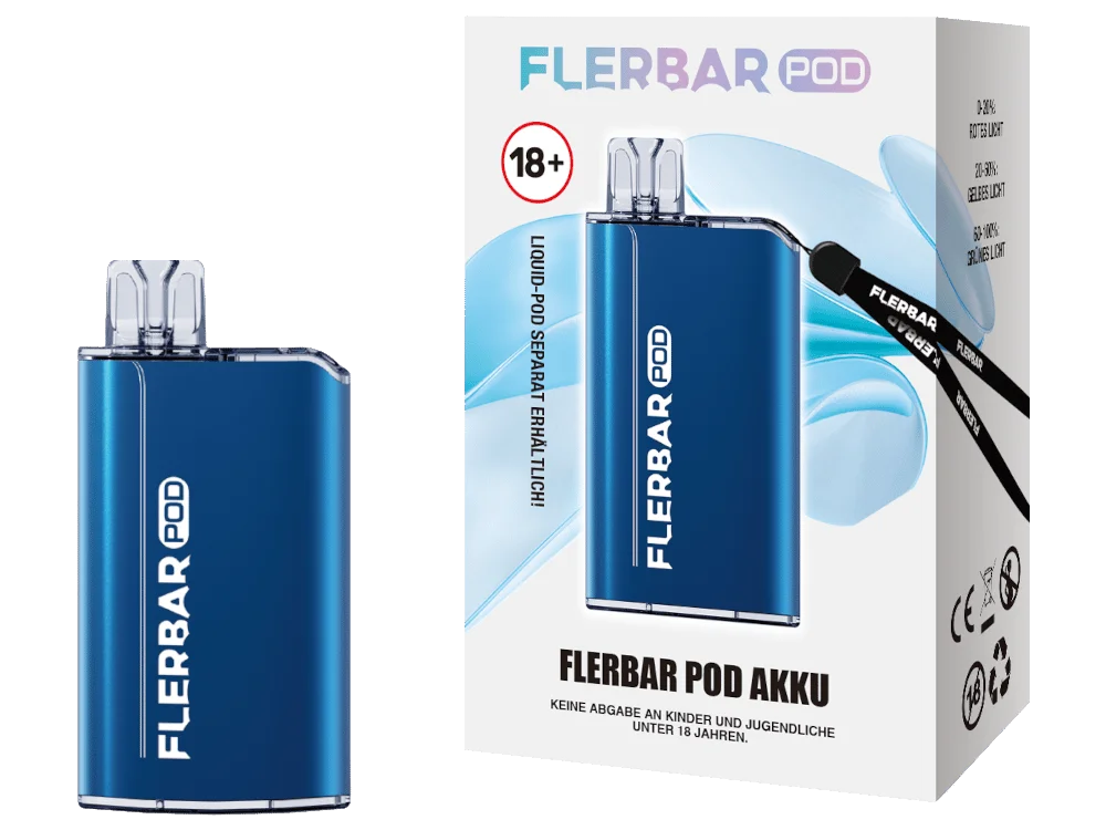 flerbar-pod-akku-blau-1000x750.png Flerbar Basisgerät in Blau mit passender Verpackungsbox, kompaktes Pod-System mit Lanyard