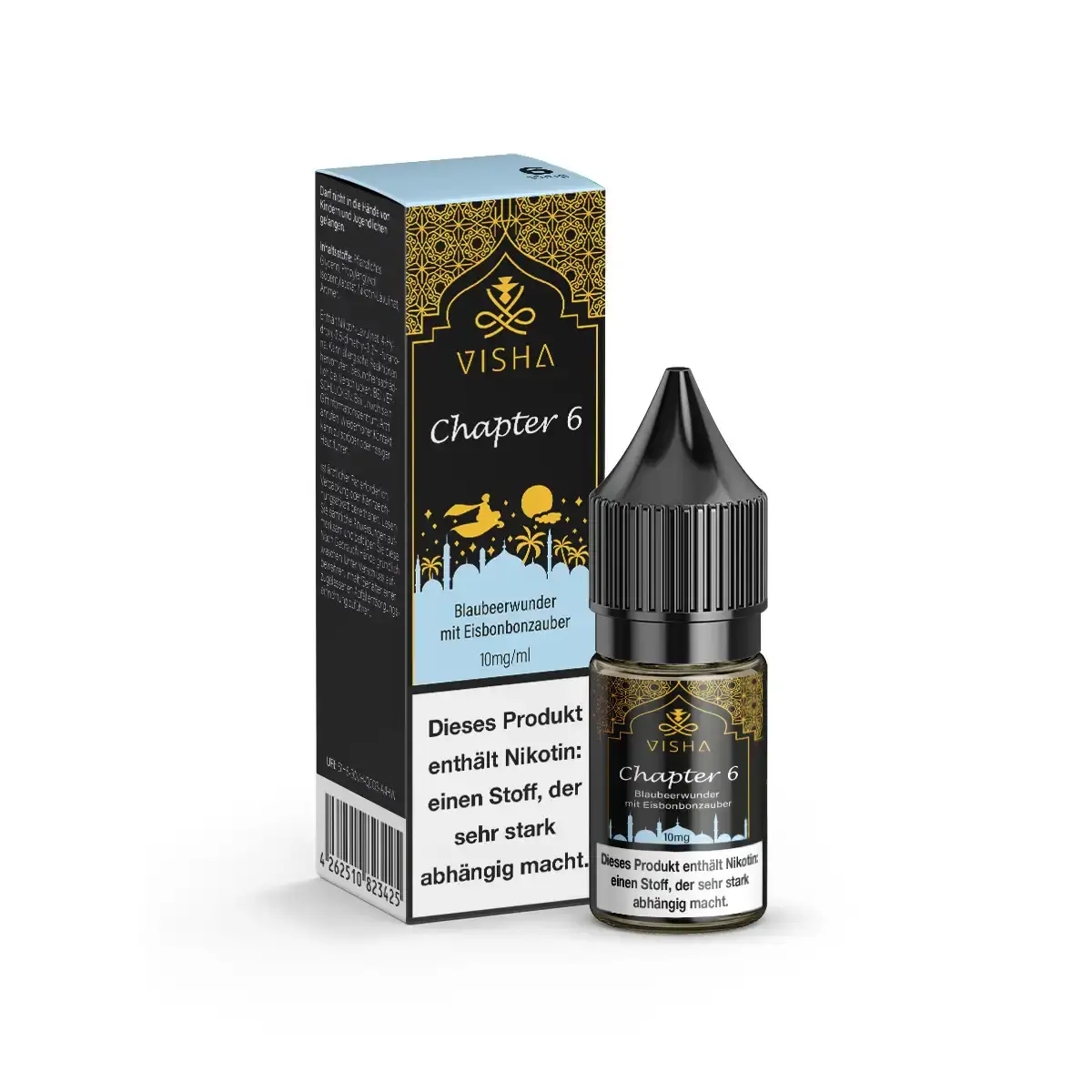 visha-chapter-6-nikotinsalz-10ml-10mg-ml-steuerware.png Visha Chapter 6 Nikotinsalz-Liquid 10ml – Flasche mit blau-goldener Verpackung neben der Box