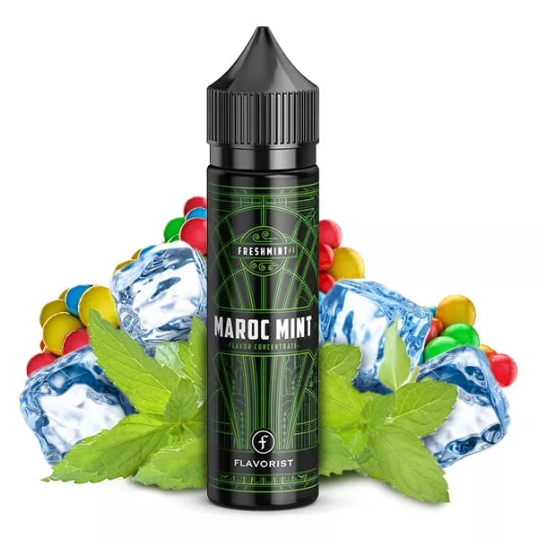 Flavorist Maroc Mint Longfill 60ml Flasche in grüner Aufmachung mit Minze, Eis und bunten Fruchtmotiven