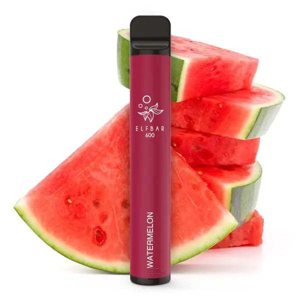 Elfbar 600 Einweg E-Zigarette in Rot, Watermelon-Geschmack, 20mg/ml Nikotin, vor Wassermelonen-Hintergrund