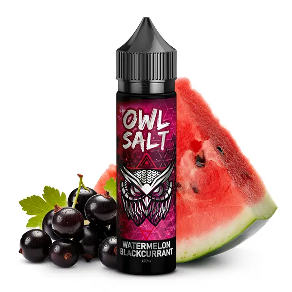 OWL Salt Longfill Watermelon Blackcurrant 20ml Flasche mit Wassermelone und schwarzen Johannisbeeren im Hintergrund