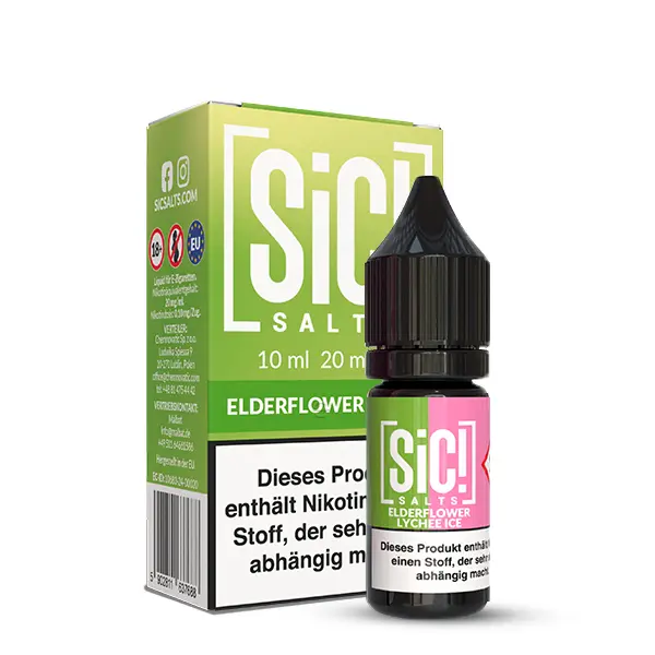 SiC! Salts Elderflower Lychee Ice Nikotinsalz-Liquid 10ml Flasche mit pinker Verpackungsschachtel, Frontansicht