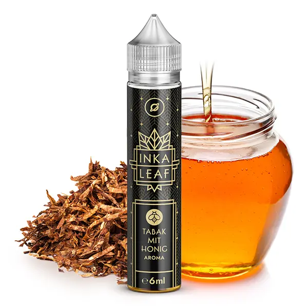 Flavorverse Inka Leaf Tabak mit Honig Longfill-Aroma 60 ml, schwarze Flasche vor Tabakblättern und Honigglas