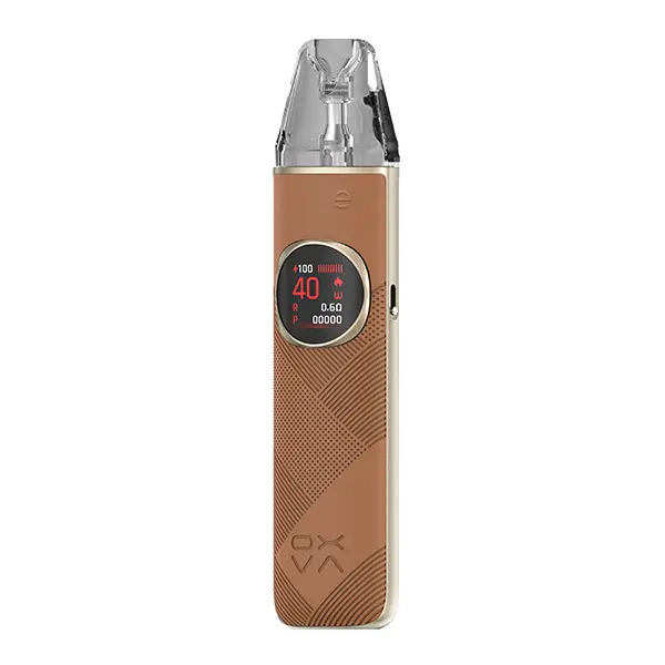 Oxva NeXlim 2 Pod Kit in Hellbraun mit Lederoptik und rundem Display, Seitenansicht