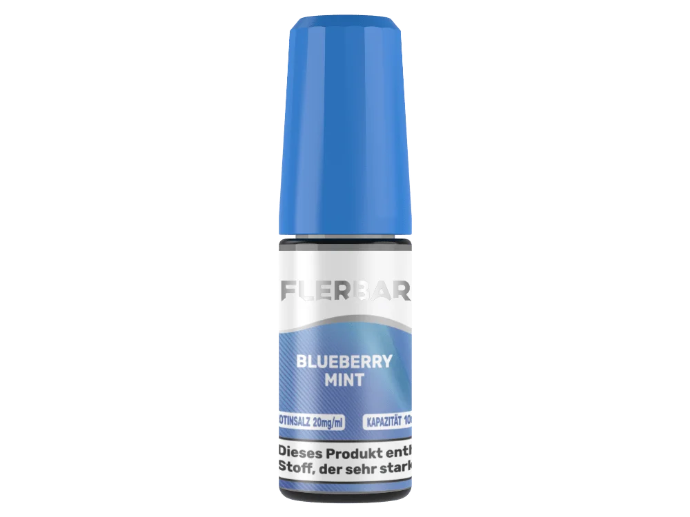 Flerbar Blueberry Mint 10ml Nikotinsalz-Liquid in blauer Flasche mit blauer Kappe, leicht gedrehte Ansicht