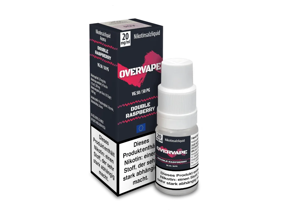 Overvape Double Raspberry Nikotinsalz-Liquid 10ml – Flasche neben dunkler Box, rot-pinkes Design