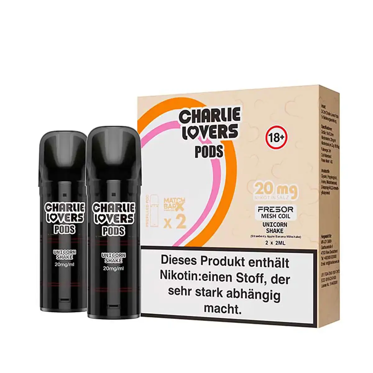 charlie-lovers-prefilled-pods-matchbar-2-stueck-unicorn-shake-20mg-ml-steuerware.png Charlie Lovers Prefilled Pod Unicorn Shake 2er-Pack – zwei schwarze Pods mit beige-brauner Verpackungsbox, 20 mg
