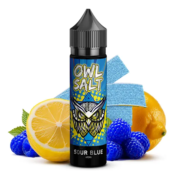 OWL Salt Sour Blue Longfill 60ml Flasche mit blau-gelbem Label, Eule, Heidelbeeren und Zitrone im Hintergrund