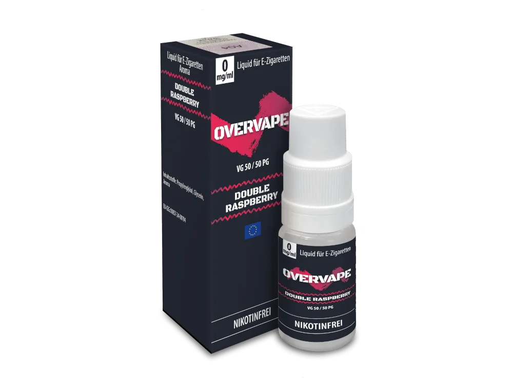 Overvape Double Raspberry Nikotinsalz-Liquid 10ml – Flasche und Verpackung in Nahaufnahme, rot-pinkes Design