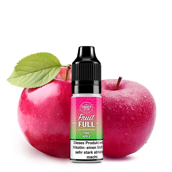 Dinner Lady Fruit Full Pink Apple 10ml Nikotinsalz-Liquid, Flasche mit rosa Etikett, roter Apfel im Hintergrund