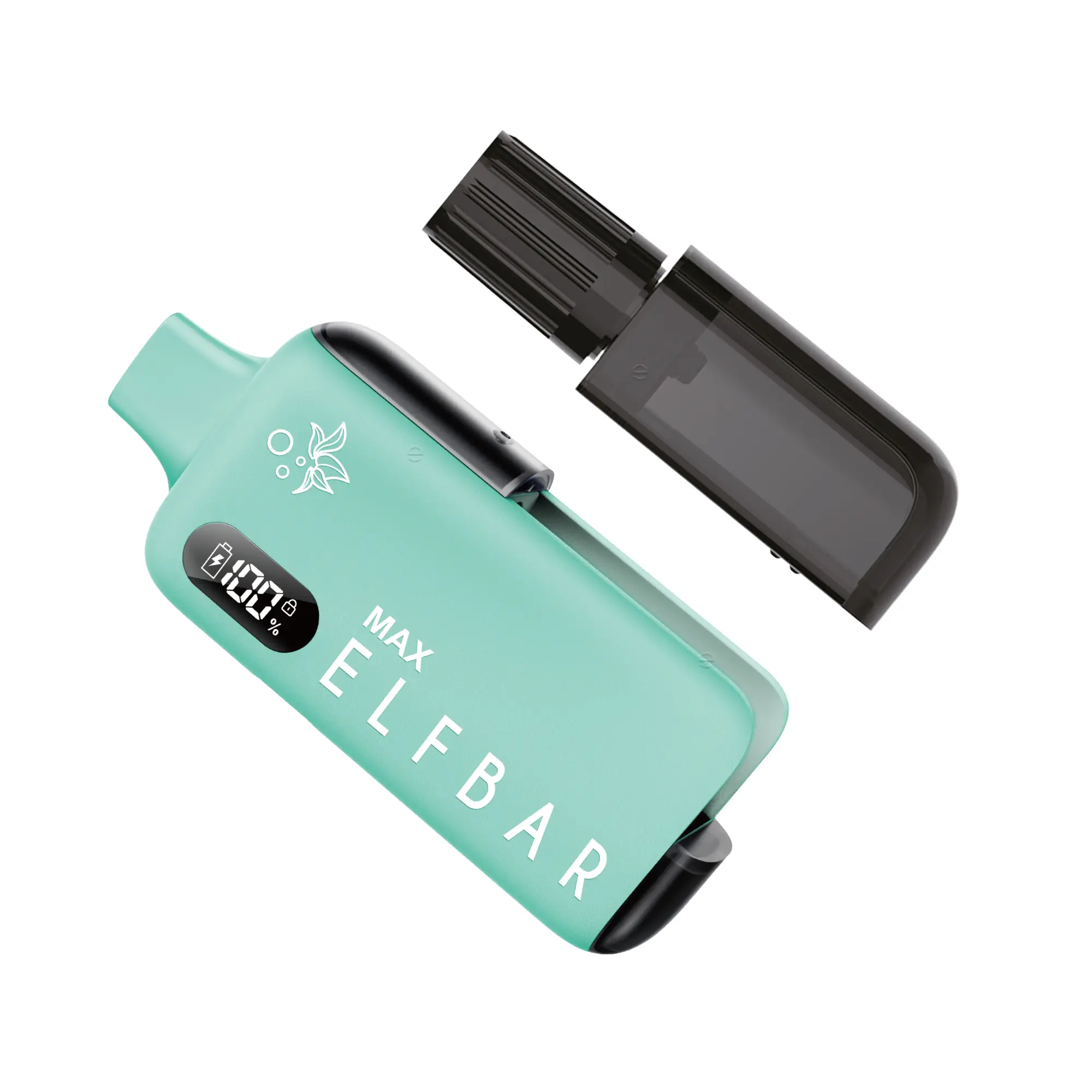 Elfbar Max Kit in Türkis-Mint mit herausgezogenem Pod und sichtbarem LED-Display, Frontansicht