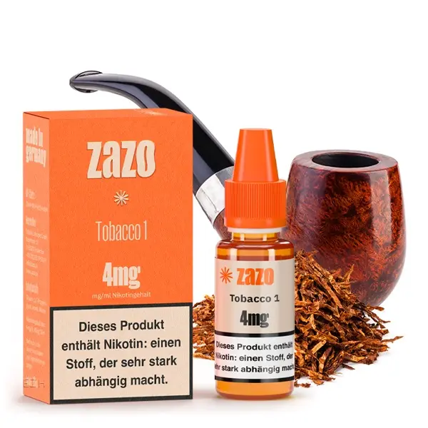 ZAZO Classics Tobacco 1 4mg eLiquid – orange Verpackung mit Flasche, Tabakpfeife und Blättern im Hintergrund