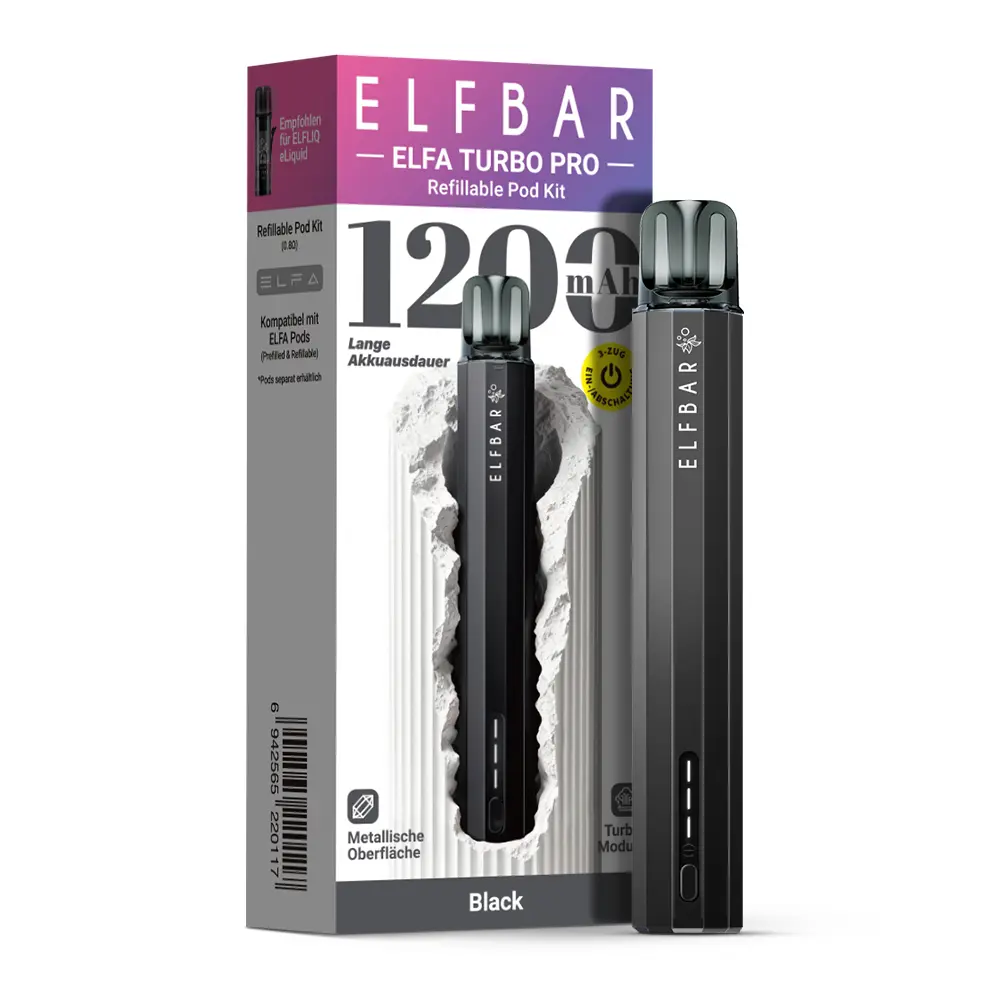 Elfbar Elfa Turbo Pro Refillable Pod Kit in Schwarz – Gerät und Verpackung mit 1200-mAh-Angabe