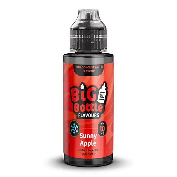 Big Bottle Flavours Sunny Apple Longfill 120ml Flasche, rotes Etikett, Nahaufnahme