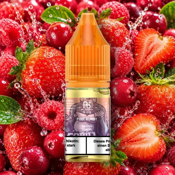 Fumot Pink Burst Nikotinsalz-Liquid 10 ml – Flasche vor roten Erdbeeren und Beeren, orangefarbener Deckel