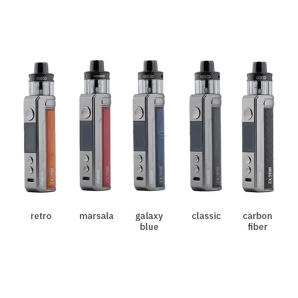 VooPoo Drag X2 Pod Kit in fünf Farben: Retro, Marsala, Galaxy Blue, Classic und Carbon Fiber im Vergleich