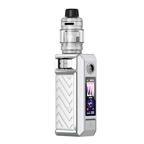 voopoo-drag-6-7.jpg VooPoo Drag 6 Kit in Silber/Weiß mit Rautenmuster und aufgesetztem Tank, Farbdisplay sichtbar