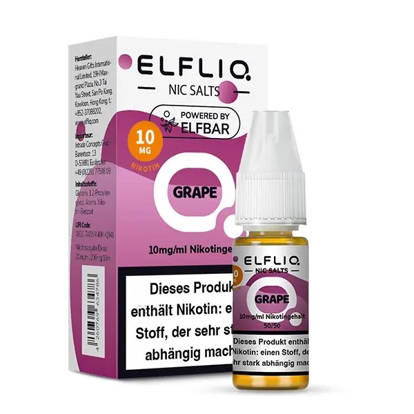 source410804.jpg Elfbar Elfliq Grape Nikotinsalz-Liquid 10ml mit lila Verpackungskarton, Frontansicht