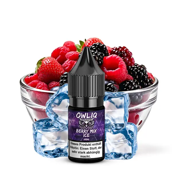 Owliq Berry Mix Ice 10ml Nikotinsalz-Liquid, kleine Flasche vor Schüssel mit Beeren und Eis