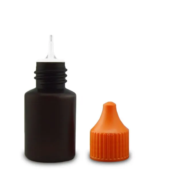 ZAZO Leerflasche 20ml aus braunem HDPE-Kunststoff mit orangem Kindersicherungsverschluss und Dosierspitze
