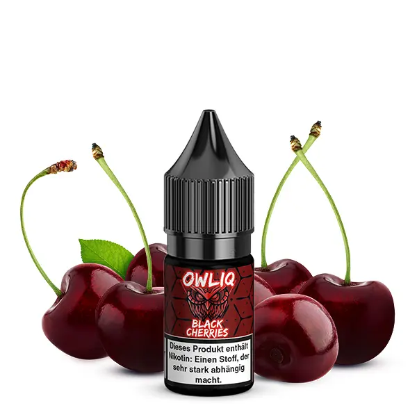 owlliq-black-cherries-nikotinsalz-1.jpg Owliq Black Cherries 10ml Nikotinsalz-Liquid, schwarze Flasche mit roten Kirschen