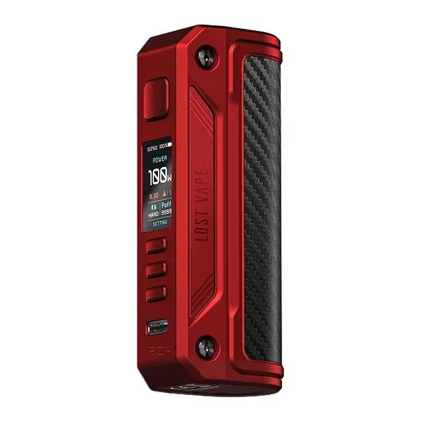 Lost Vape Thelema Solo 100W Akkuträger in Rot mit Carbonfaser-Einsatz und OLED-Display, Frontansicht