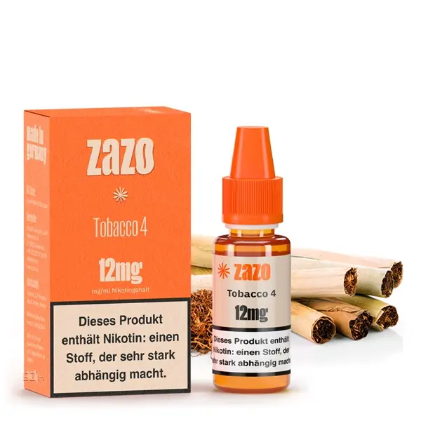 source425592.jpg ZAZO Classics Tobacco 4 eLiquid 10ml Flasche mit 12mg Nikotin, orangefarbenes Etikett, Zigarren im Hintergrund