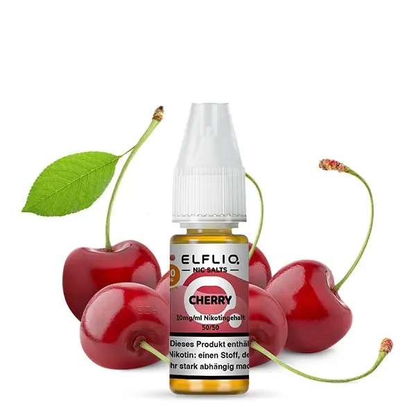 source615305.jpg Elfliq Cherry 10ml Nikotinsalz-Liquid von Elfbar, Flasche mit rotem Kirsch-Etikett, Kirschen im Hintergrund