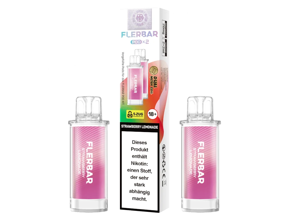 Flerbar Prefilled Pod Strawberry Lemonade – 2er-Pack mit zwei rosa Pods und bunter Verpackung