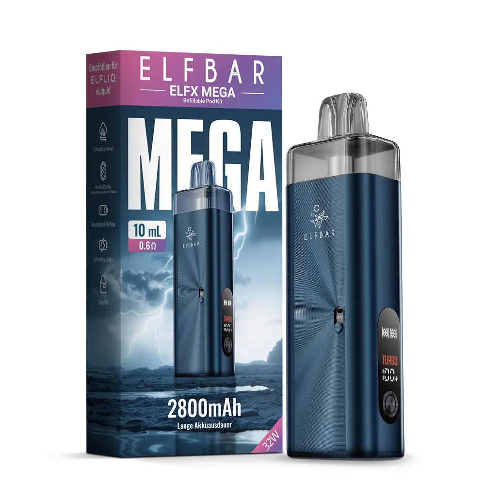 Elfbar ELFX Mega Kit in dunkelblauem Gehäuse mit Verpackung, 2800mAh Akkuträger mit Pod
