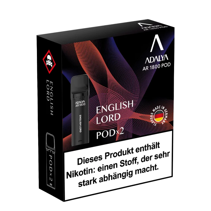 Adalya AR1800 Prefilled Pod English Lord 2er-Pack, dunkle Verpackung mit Pod-Abbildung