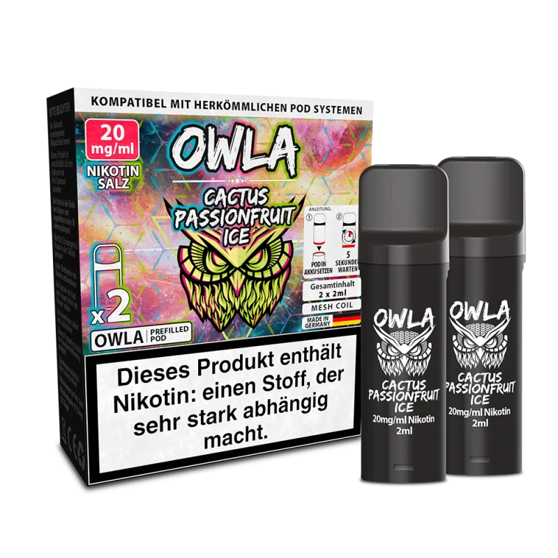 Owla Cactus Passionfruit Ice Prefilled Pod 2er-Pack – pinke Verpackung mit Eule und zwei schwarze Pods, 20 mg Nikotinsalz