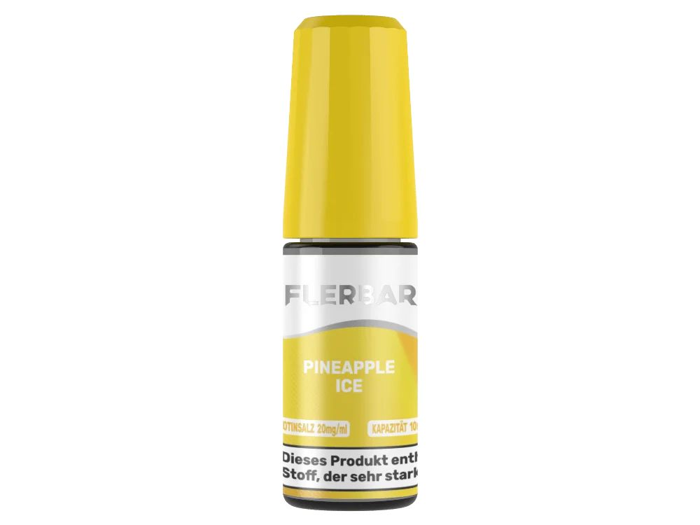 Flerbar Pineapple Ice 10ml Nikotinsalz-Liquid – gelbe Flasche mit gelbem Deckel, Schrägansicht