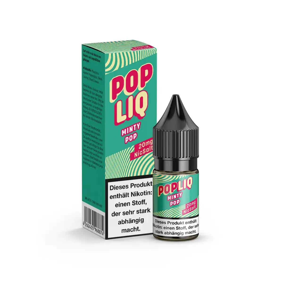 PopLiq Minty Pop 10ml Nikotinsalz-Liquid – grüne Schachtel und Flasche, Seitenansicht