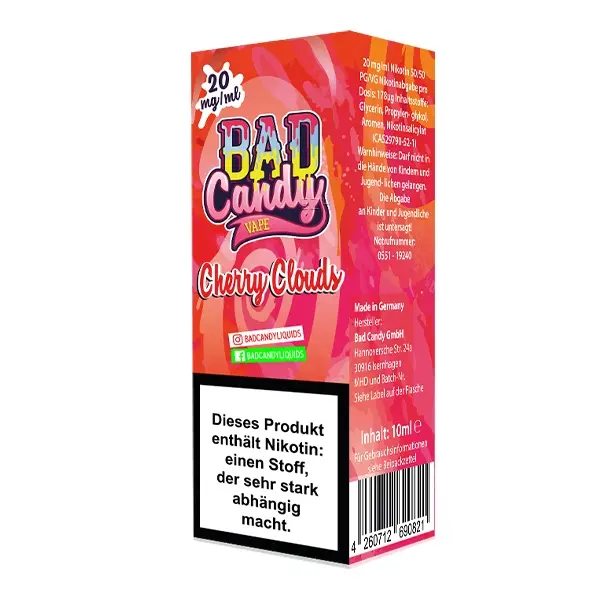 Bad Candy Cherry Clouds 10ml Nikotinsalz-Liquid, Rückseite der roten Flasche mit Produktinfo