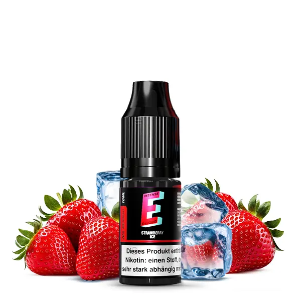 E-Intense Strawberry Ice 10ml Nikotinsalz-Liquid – schwarze Flasche vor reifen Erdbeeren und Eiswürfeln