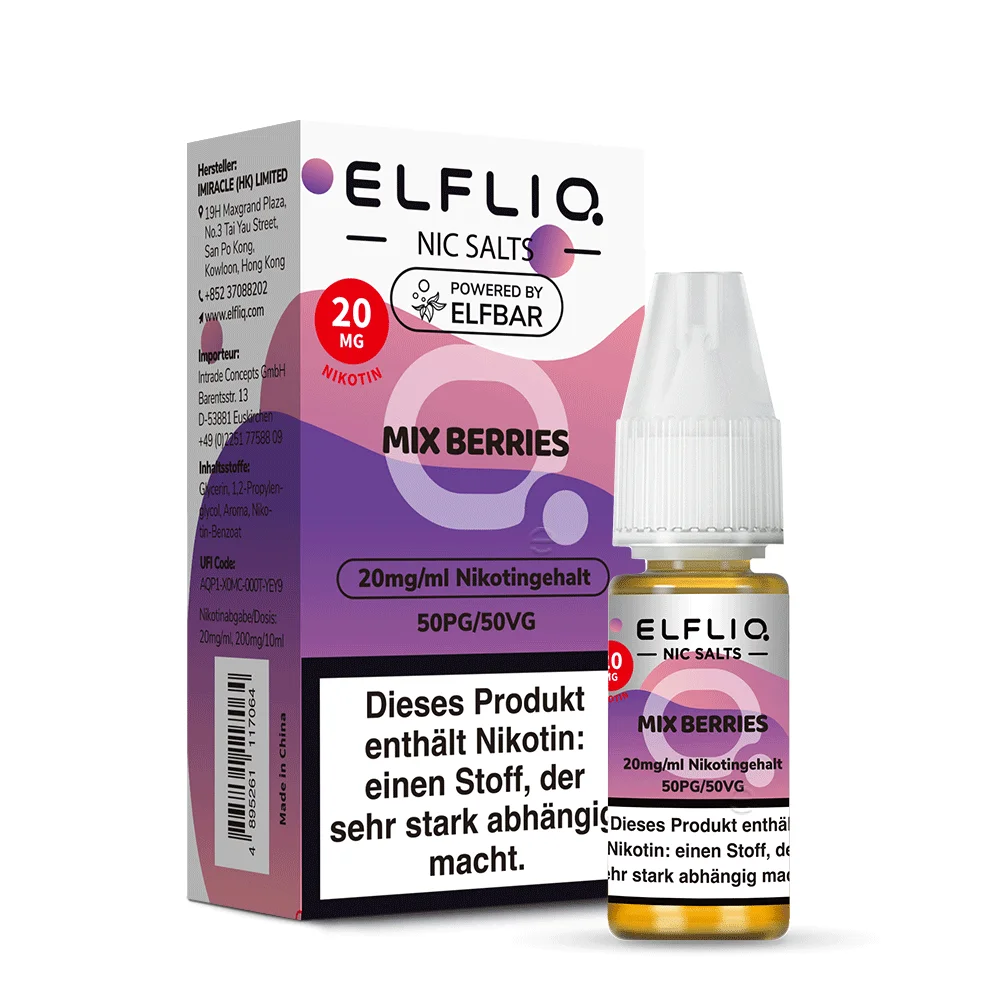 Elfliq Mix Berries Nikotinsalz-Liquid 10ml Flasche Frontalansicht mit violettem Etikett, 20mg