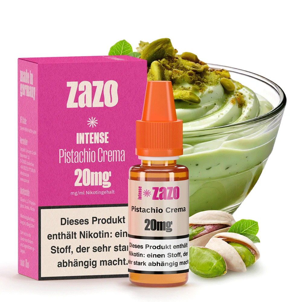 ZAZO Intense Pistachio Crema Nikotinsalz-Liquid 10ml, 20mg, rosa Verpackung mit Pistazien-Creme-Motiv