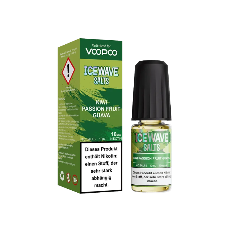 WAV307_800x800.png?ts=1763551976 Icewave Salts Kiwi Passion Fruit Guava 10ml Nikotinsalz-Liquid – grüne Schachtel mit Flasche, Vorder- und Seitenansicht