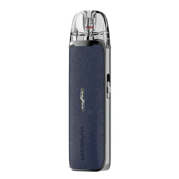 vaporesso-luxe-q3-pod-kit-2.jpg Vaporesso Luxe Q3 Pod Kit in Dunkelblau mit strukturierter Oberfläche und transparentem Pod, Frontansicht
